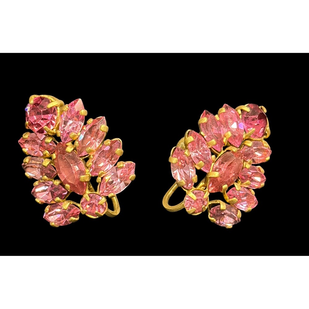 Vintage 1940s Pink Rhinestone Cluster Earrings Czechoslovakia Screwback GoldTone